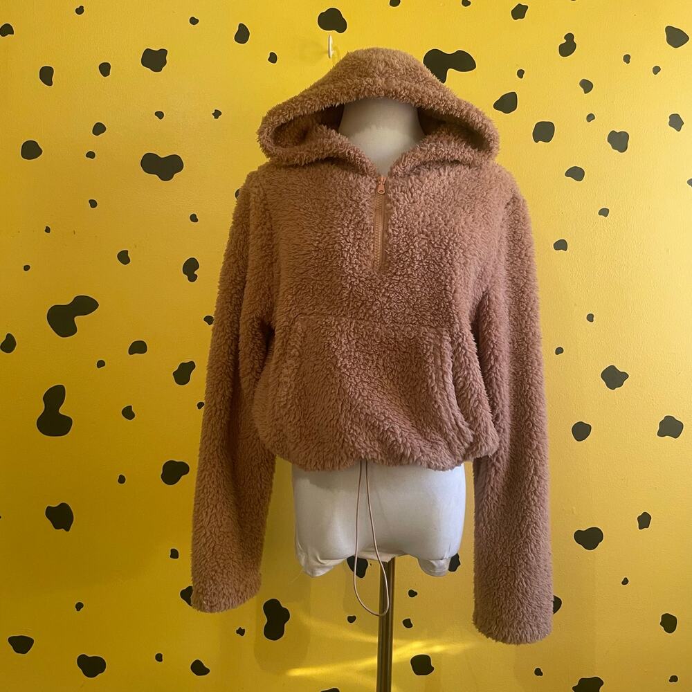 Ellie & Kate Teddy Fleece Quarter Zip Hoodie – Brown L